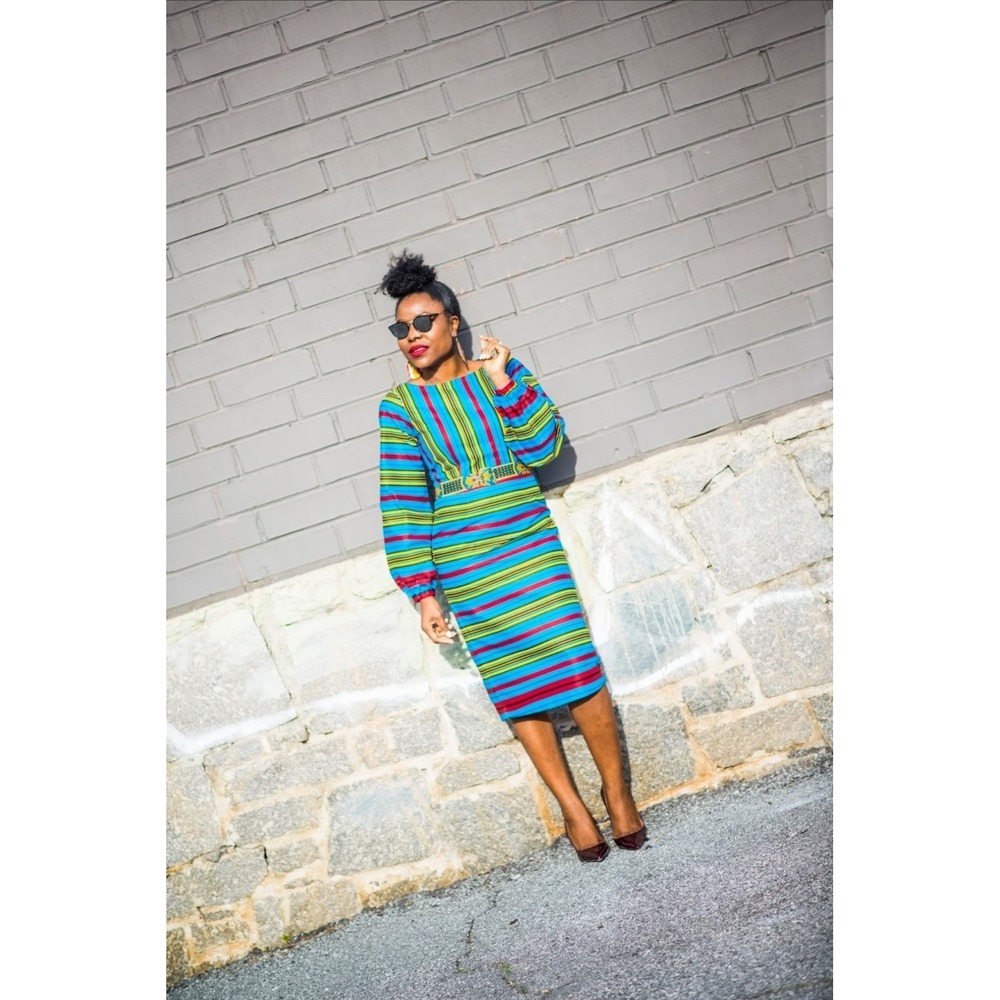 Yetunde Sarumi Jasmine Bishop Sleeve Stripe Pencil Midi Dress Ankara Africa Sz S